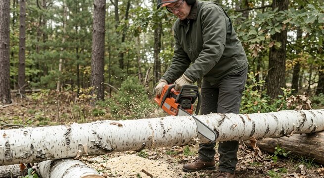 Lumberjack cutting a white birch log with an orange chainsaw in a forest. Male worker wearing safety gear preparing firewood