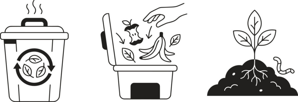 Organic waste recycling and composting process icons set