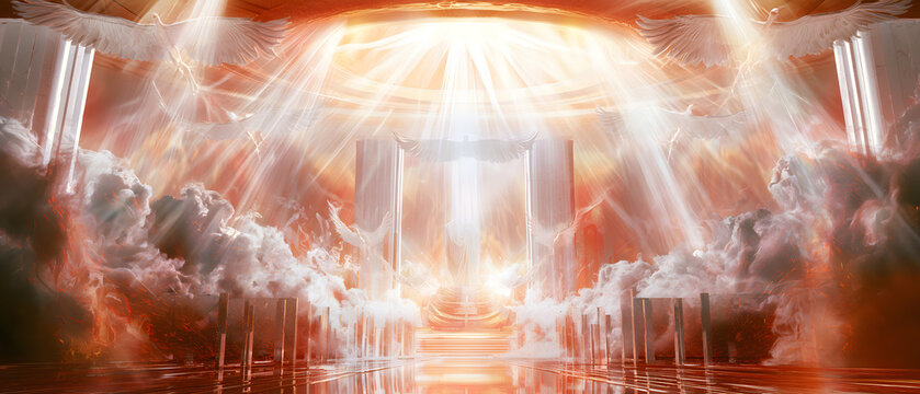 Isaiah's depiction of the Lord's throne room, filled with smoke, seraphim flapping their six wings, brilliant divine light, a blend of surreal and realism.