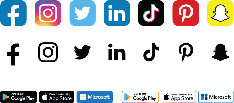 Social Media App Icons Collection Featuring Facebook, Instagram, Twitter, LinkedIn, TikTok, Pinterest, Snapchat, Google Play, App Store, And Microsoft Logos in Flat Modern Style