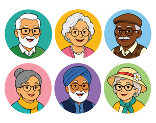 Fototapeta premium Diverse Senior People Avatar Vector Set with Elderly Men and Women Cartoon Portrait Illustrations