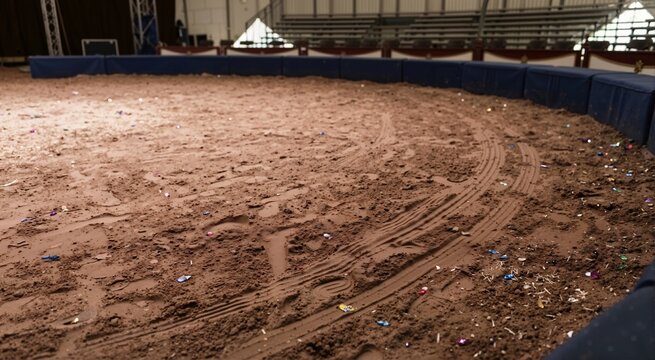 Empty circus ring covered in dirt with tire tracks and scattered sequins. Aftermath of a performance in an arena with empty bleachers. Entertainment venue background
