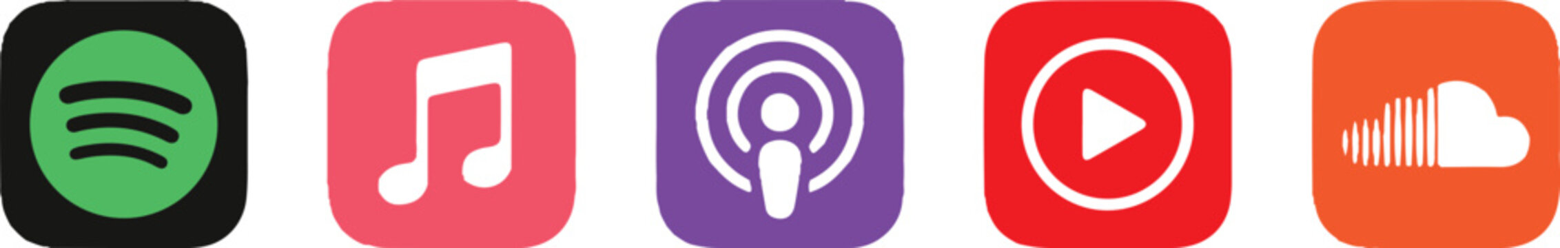 Streaming Music App Icons Collection Spotify Apple Music Podcasts Video Player SoundCloud Audio Streaming Platform Symbols Pack