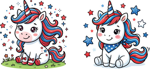 Set of two cute baby unicorns with colorful manes and stars in a whimsical cartoon art style © habiba creative