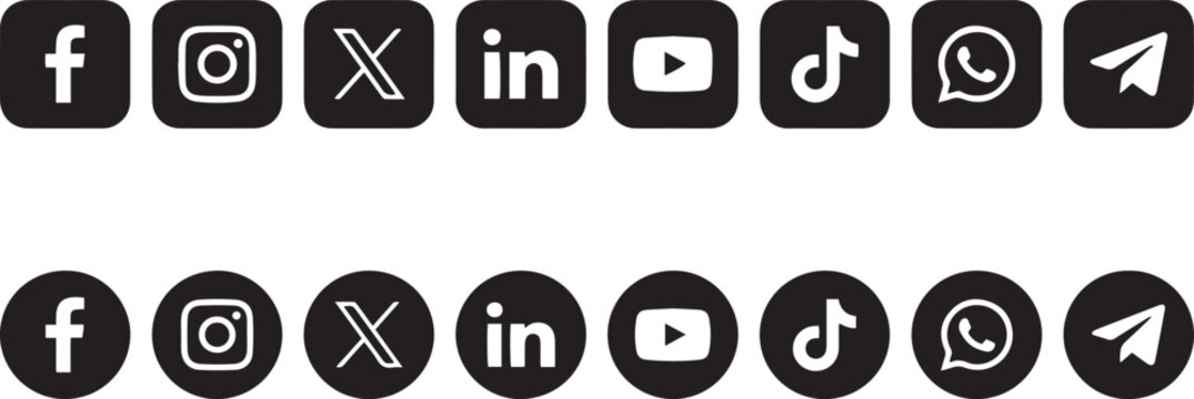 Black And White Social Media Icons Collection Featuring Facebook Instagram X LinkedIn YouTube TikTok WhatsApp and Telegram in Rounded Square and Circle Styles