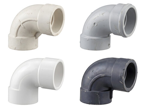 Collection of four ninety degree elbow pipe connectors made of different materials and colors isolated on transparent background for water supply and drainage systems work.