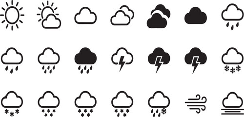 Obraz premium Weather Icons Set Black And White Flat Pictograms On White Background