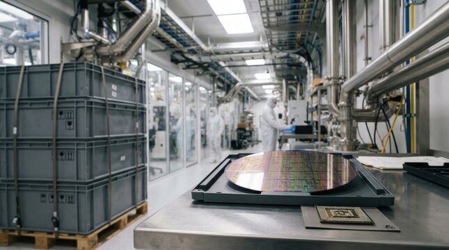 Semiconductor supply chain strength and bottlenecks with silicon wafer, microchip package, anti-static tray, shipping crates, and fabrication corridor
