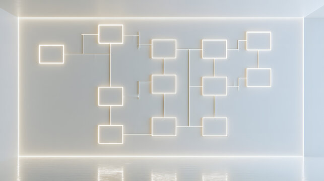 A clear, abstract, glowing flowchart diagram on a pristine, white background, featuring a minimalist design and concept related to computing algorithms, workflow, and technology, with ample space for 