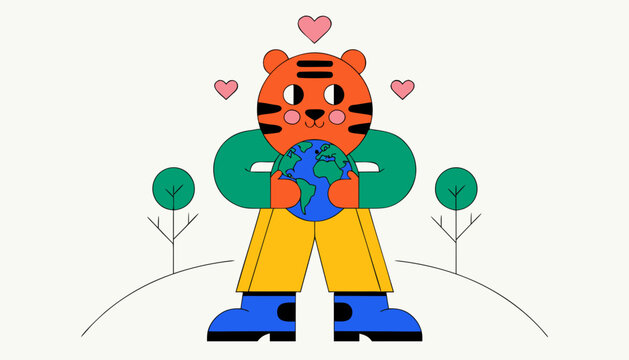 Cartoon tiger character holding planet earth with hearts with embracing earth amidst depicts cute tiger amidst trees illustration environment