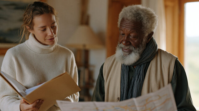 Logistics coordinator reviewing long term care planning folders beside an elderly subject in a warm golden hour office, the senior examining transport route maps repurposed as