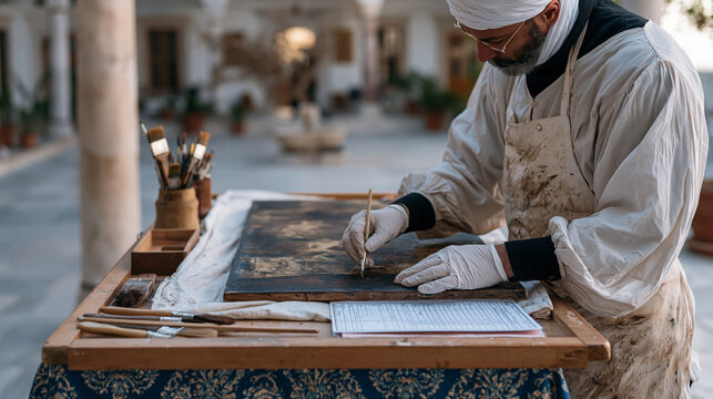 Art conservator carefully stabilizing a fragile oil painting with gloved hands in an outdoor shaded courtyard, a symbolic still life of restoration tools beside a documented