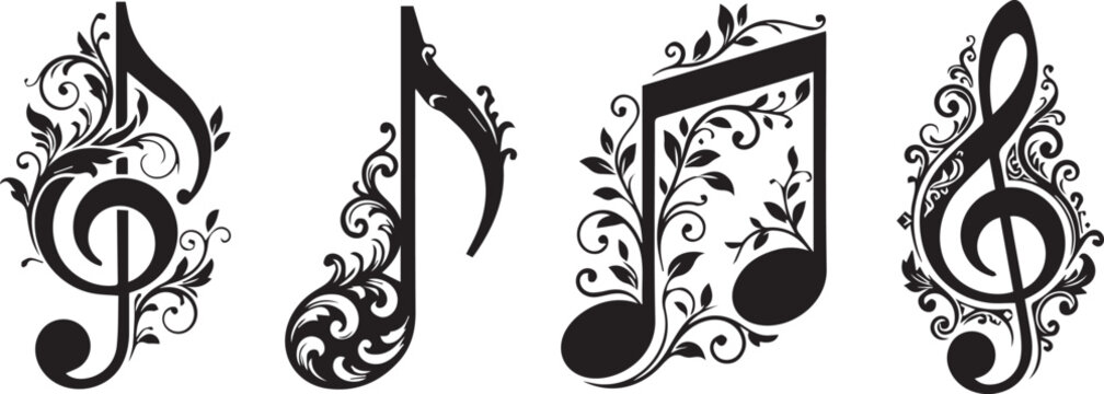 Hand-drawn music notes and symbols on white background. Vector-style treble clef, eighth note, and sound wave illustration for creative projects.
