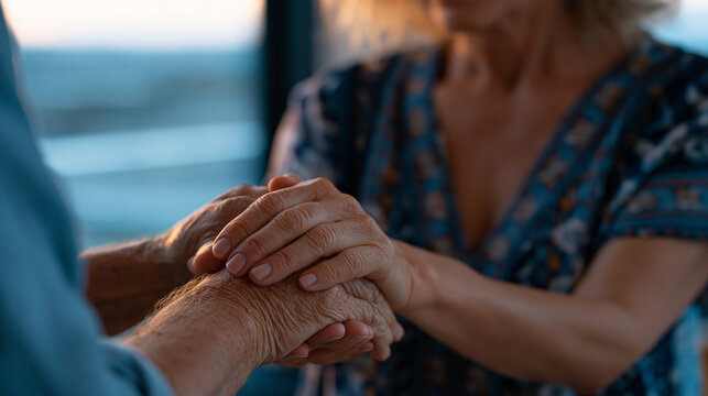 Longevity consultant with real visible tears in her eyes clasping the hands of an elderly client at twilight, close up framing of two pairs of aged hands intertwined against a
