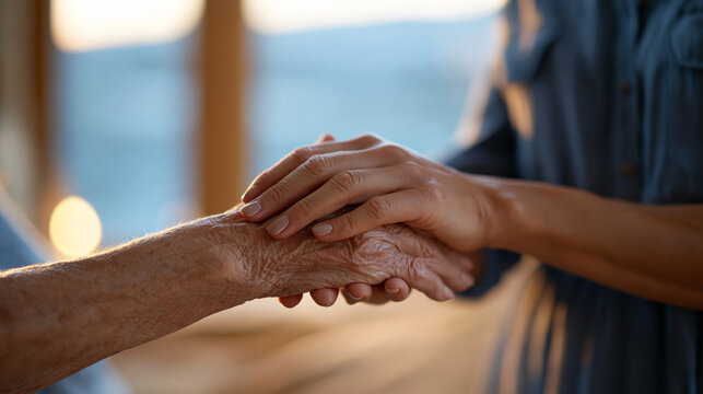 Longevity consultant with real visible tears in her eyes clasping the hands of an elderly client at twilight, close up framing of two pairs of aged hands intertwined against a