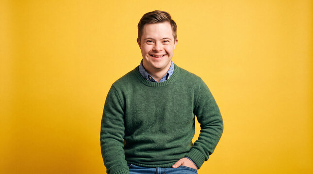 Young Man with Down Syndrome Wearing Blue Plaid Shirt and White T-Shirt Smiling and Posing Against Bright Yellow Background, Inclusion and Diversity Concept.