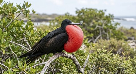 Fototapeta premium Male frigatebird with a large inflated red throat pouch. Black seabird perched on a branch displaying its gular sac in a coastal habitat