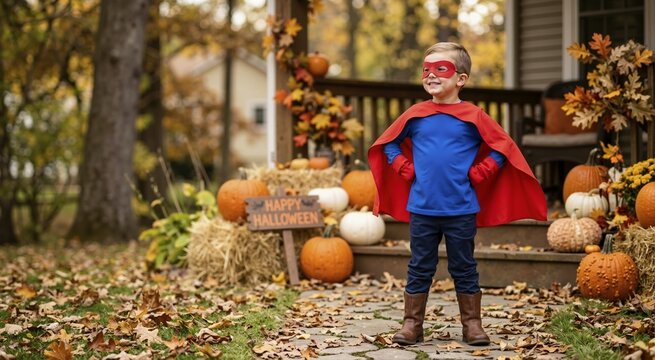 Happy little boy in a superhero costume posing outdoors. Confident child wearing a red cape and mask standing by a house decorated for Halloween. Autumn holiday dress up concept