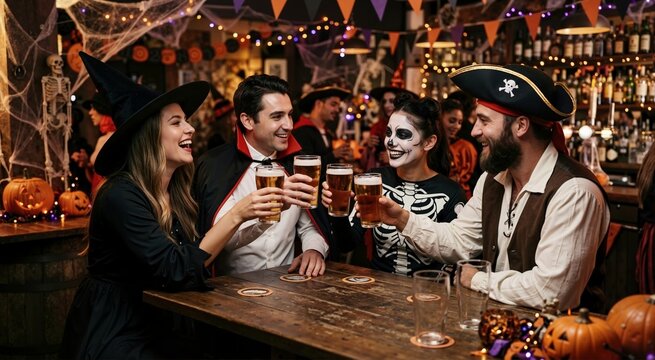 Group of friends in costumes toasting with beer at Halloween party. Happy adults dressed as witch vampire skeleton and pirate celebrating in decorated bar