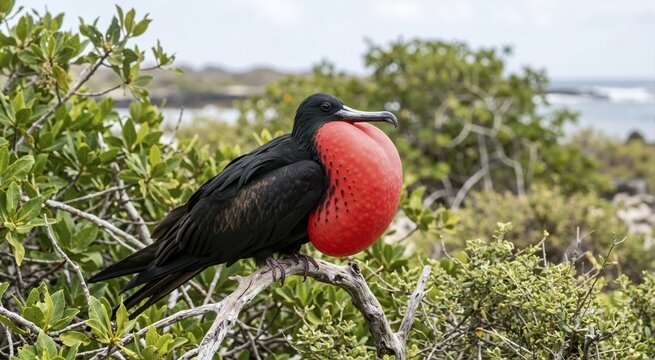 Male frigatebird with a large inflated red throat pouch. Black seabird perched on a branch displaying its gular sac in a coastal habitat