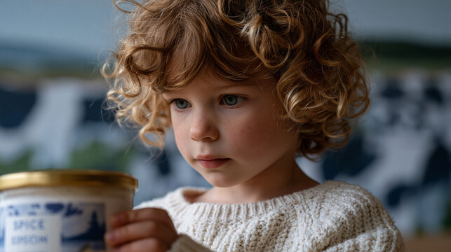 A young child at eye level studying a colorful spice jar packaging label in a stark minimalist studio setup, a dairy farm mural backdrop hinting at farm-to-table origin, warm