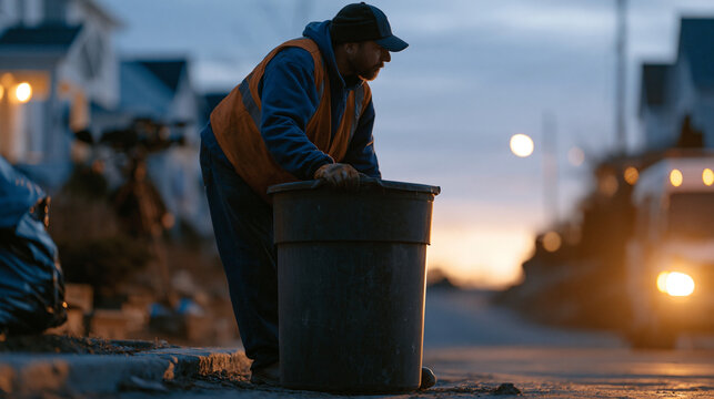 Garbage collector at twilight blue hour seen from a child's low perspective standing at the edge of a residential pavement, a multi-camera interview rig mounted on a compact van