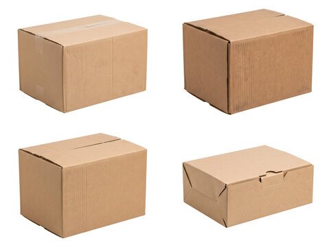 Group of four varied and sturdy cardboard shipping boxes, including different sizes and conditions, suitable for packing, moving, storage, and delivery purposes on transparent background.
