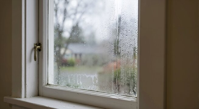 Heavy condensation and water drops on an interior window pane. Blurred view of a house through wet glass