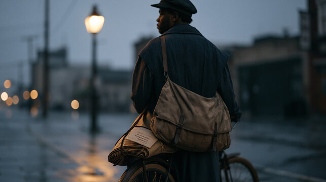 A newspaper delivery worker cycling through rain-soaked predawn streets pauses under a streetlamp, headlines spilling from canvas saddlebags, water beading on a resignation letter