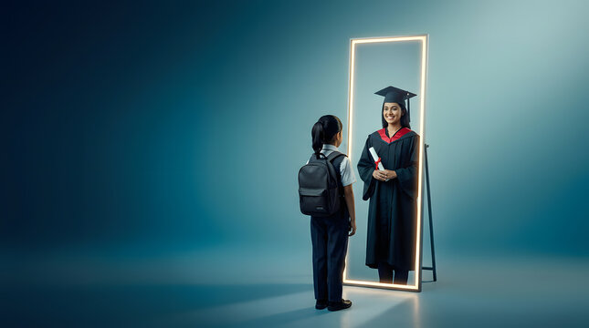 Little Indian schoolgirl looking into glowing mirror seeing reflection of her future self as university graduate in gown and cap holding diploma, education success and ambition concept