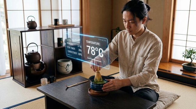 Person preparing matcha tea with futuristic interface