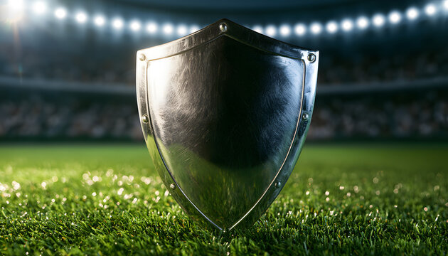 Shiny metal shield stands on green grass of soccer stadium field. Glowing lights illuminate the arena, with a blurred crowd in the background. Strong steel emblem of victory and defense, sports securi