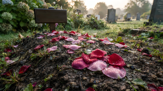 Close up of fresh red flower petals scattered on a gravesite in a cemetery at sunrise with cemetery memorial remembrance tombstone serenity beautiful sunlight