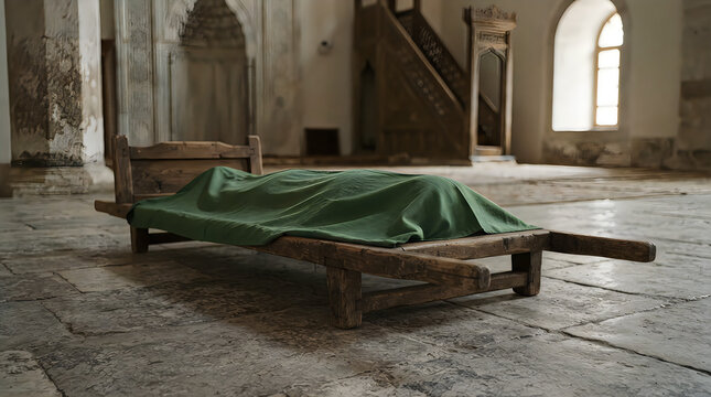 Traditional wooden funeral bier with green cloth covering a body inside an old stone building tradition religious ceremony interior memorial community devotion