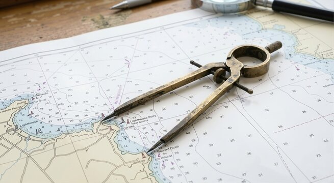 Vintage brass dividers resting on a detailed nautical chart. Close-up of marine navigation tools for maritime travel planning