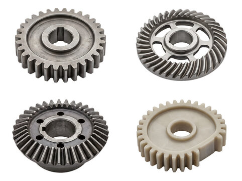 Selection of four different metal and plastic gears with various teeth patterns for mechanical engineering and industrial applications.
