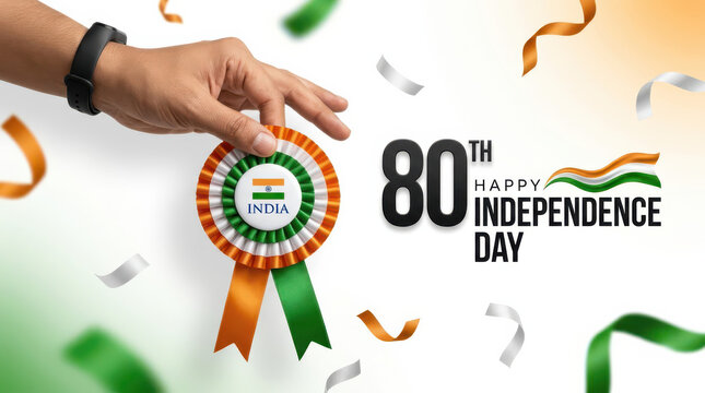 Creative India Independence Day 80th anniversary celebration concept featuring a hand presenting a patriotic tricolor rosette badge with the Ashoka Chakra celebrating freedom, honor, unity and pride