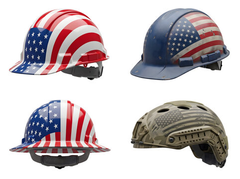 Selection of four hard hats and helmets decorated with American flag motifs and camouflage pattern for protection and patriotic display on checkered background.