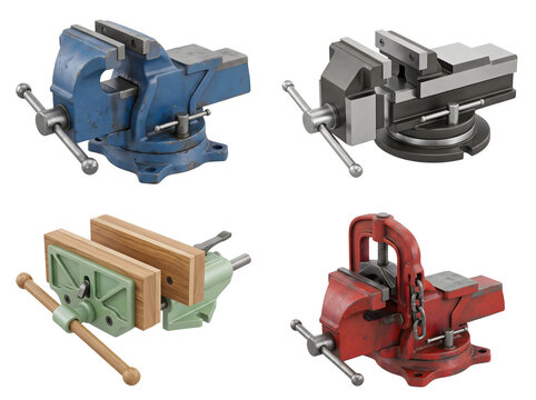 Set of four different bench vises including blue heavy duty metal clamp workshop vise and red industrial style clamp and wood clamping tool for professional workbench use.