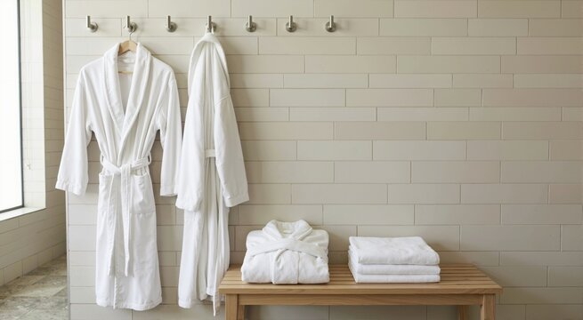 White bathrobes hanging on hooks and folded on wooden bench. Stack of clean towels in spa or hotel bathroom. Copy space