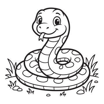 Cute cartoon snake drawing for kids coloring page with grass and spots vector illustration.