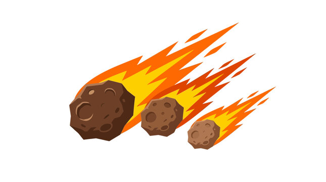 Cartoon Style Illustration of Three Flaming Meteorites Falling