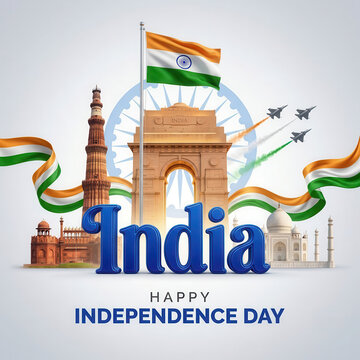 India Happy Independence Day Poster with Qutub Minar, India Gate, Taj Mahal and Red Fort Monument Collage, Indian Flag, Fighter Jets and Tricolor Ribbon Design for Banner and unity national pride