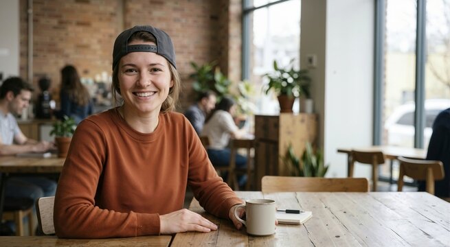 Young woman wearing backward baseball cap in coffee shop. Smiling female student sitting at cafe table with mug and notebook