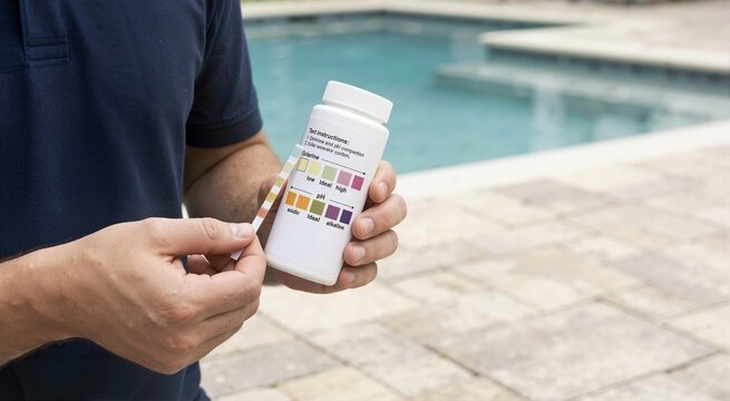 Hands holding a water testing strip and bottle with color charts. Checking chlorine and pH levels for swimming pool maintenance. Water quality control concept