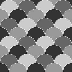 Fish scale wallpaper. Asian traditional ornament with repeated scallops. Repeated white curves on black background. Seamless surface pattern design with semicircles. Grid motif. Digital paper. Vector © funkyplayer