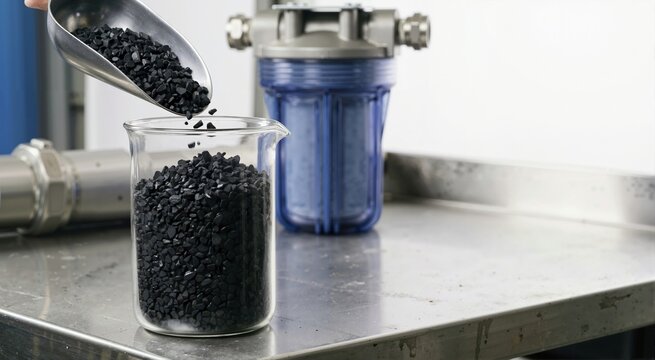 Pouring black activated carbon granules into a glass beaker. Water filtration and purification system components on a stainless steel table