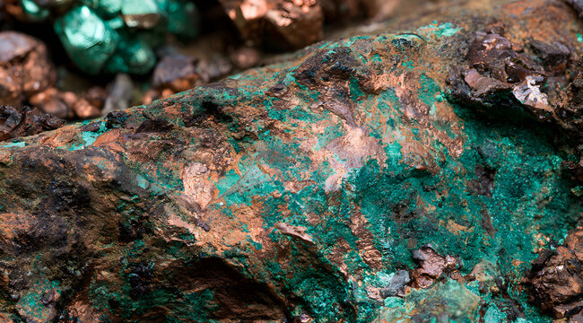 A Specimen of Raw Copper Ore with Chalcopyrite and Malachite Deposits, Showing Macro Texture for Geological Analysis and Industrial Mining Backdrops