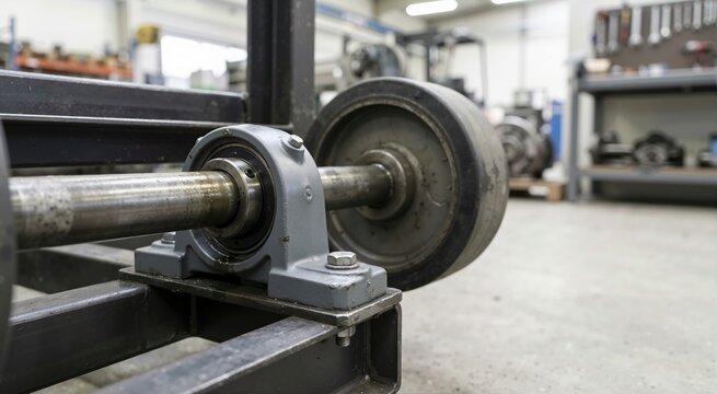 Close up of a metal bearing bracket supporting a steel axle and wheel. Heavy duty mechanical component in an industrial workshop