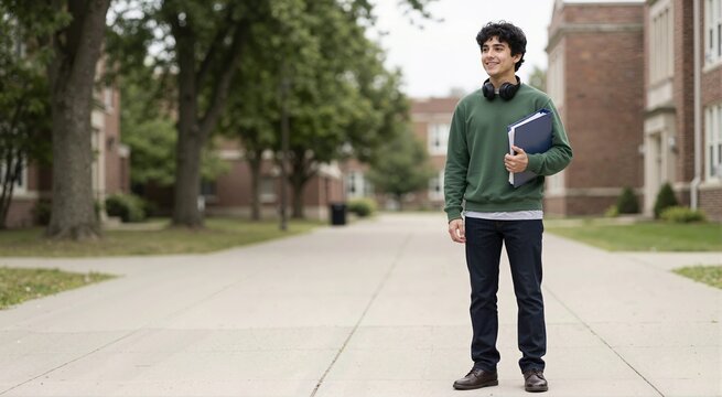 Smiling teenage high school student holding a binder on campus. Young boy with headphones standing outdoors near brick school buildings. Education theme
